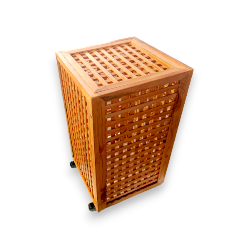 Wooden laundry basket with lattice design on a white background